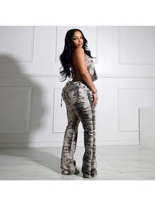 Fashion Zebra Pattern Women's Clothing Loose Wide-Leg Pants Set Backless Lace-Up Black And White Color Matching Two-Piece Set - Black and White - View 2