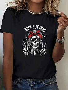 女士休闲黑色圆领短袖T恤，骷髅印花，舒适春夏款 - 黑色 - 查看 10