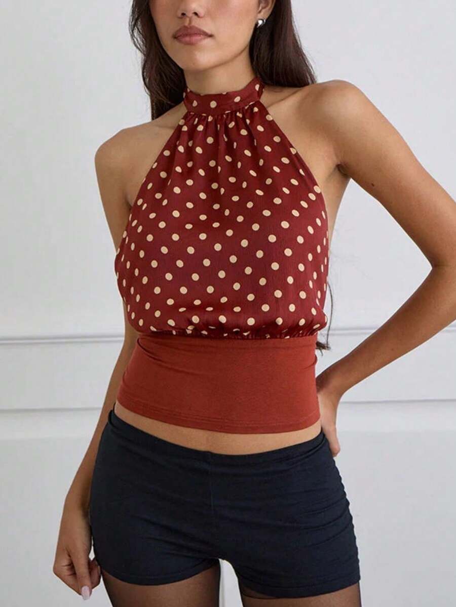 Women's Polka Dot Open Back Halter Tops Y2K Sleeveless Back Tie Slim Fit Crop Tank Tops Summer Backless Vest Camisole Party Club Going Out Tops Streetwear - 紅色 - 查看 1