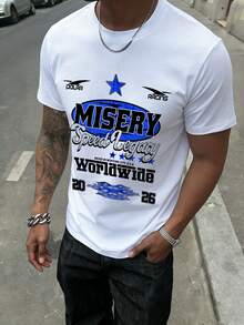 男士极简标语印花复古徽章图案圆领短袖T恤，夏季 - 白色 - 查看 2