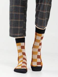 1/5 Pairs Unisex Couple Checkerboard Checkerboard Pattern Artistic Design Combed Cotton Breathable Mid-Calf Socks, Suitable For Travel, Home, Office, Holiday Gifts - Multicolor - View 7