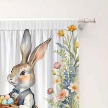 2 piezas Cortinas con estampado de huevos de Pascua en estilo acuarela que presentan un conejo con traje y patrones florales. Estampado plano, tela transparente, perfecta para la decoración del hogar en Pascua/primavera. Adecuada para dormitorios, salas de estar y ventanas del comedor. - Multicolor - Ver 11