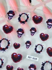 1片可爱骷髅浮雕美甲贴纸，自粘闪光美甲装饰，花环和爱心图案，卡通主题，哥特风格，不规则形状，一次性DIY美甲沙龙用品（女士适用） - 彩色 - 查看 3