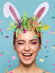 1个亮粉色兔耳朵发箍，带绿色金属丝和可爱吊坠，节日复活节派对服装发饰，女士拍照道具 - 彩色 - 查看 7