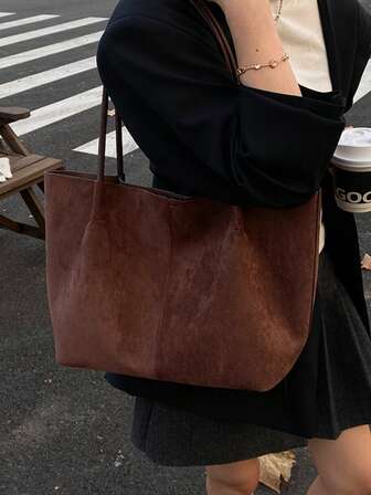 1pc Women's Faux Suede Tote Bag Shoulder Bag Large Capacity Oversized Scratch Resistant And Wear-Resistant Pouch For Passport Money ID Card Credit Card Lightweight For Commute/Commuting Casual Fashion Solid Color