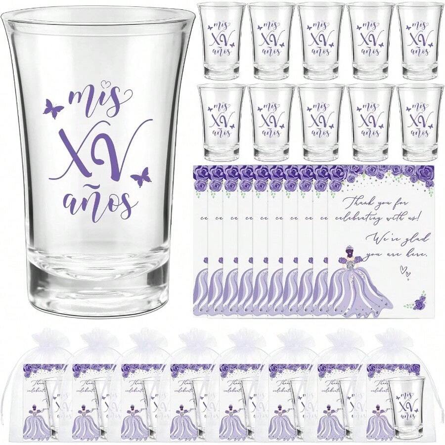 Quinceanera Party Favors Guests Quinceanera Acrylic Shot Glasses Thank You Cards With Organza Bags Mis Quince Anos Sweet 15 Birthday Party FavorsRed - 紫色 + 25 - 查看 1