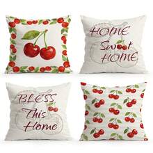 4件套樱桃图案文字插画印花抱枕套，单面印花，适用于客厅、沙发、卧室，不含枕芯 - 彩色 - 查看 13