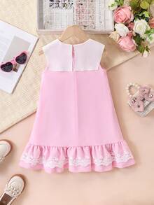 Đầm hồng không tay cho bé gái, cổ bẻ rộng, nơ trắng, bèo nhún ren, kiểu dáng công chúa mùa hè. - Hồng - Xem 2