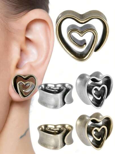 PAIR Heart Shape Spiral Ear Gauges Heart Tunnels Plugs Ear Tunnels Ear Stretchers Stainless Steel Piercings 8mm-25mm