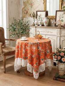1 pièce Nappe vintage française à imprimé floral avec dentelle, décoration d'intérieur pour table de chevet, table basse, table à manger, décoration de fête - Orange - Voir 11