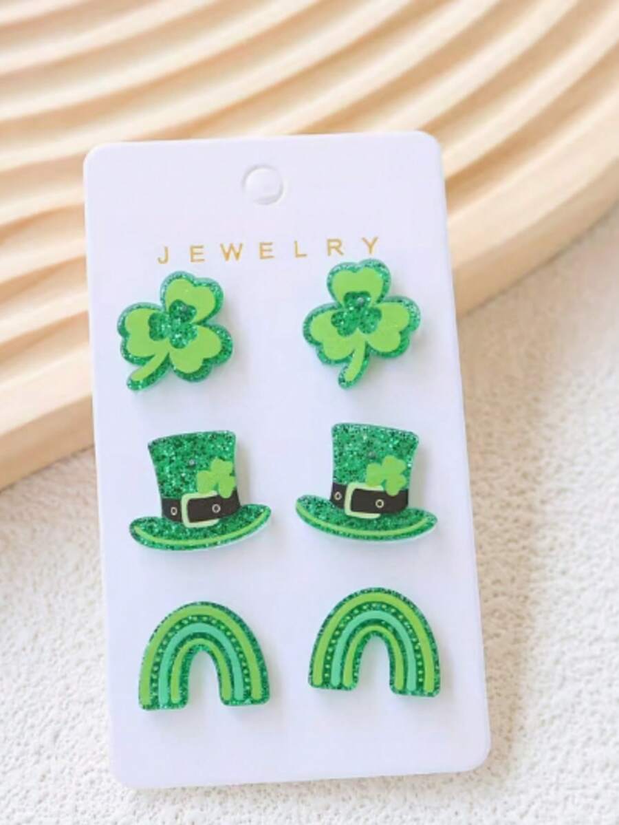 圣帕特里克节亚克力耳环套装（3对装） - 绿色三叶草、小妖精帽、彩虹耳钉 - 不锈钢耳钩，可爱节日配饰，适合派对和庆祝活动 | 闪亮节日珠宝 | 春季必备 - 綠色2 - 查看 1