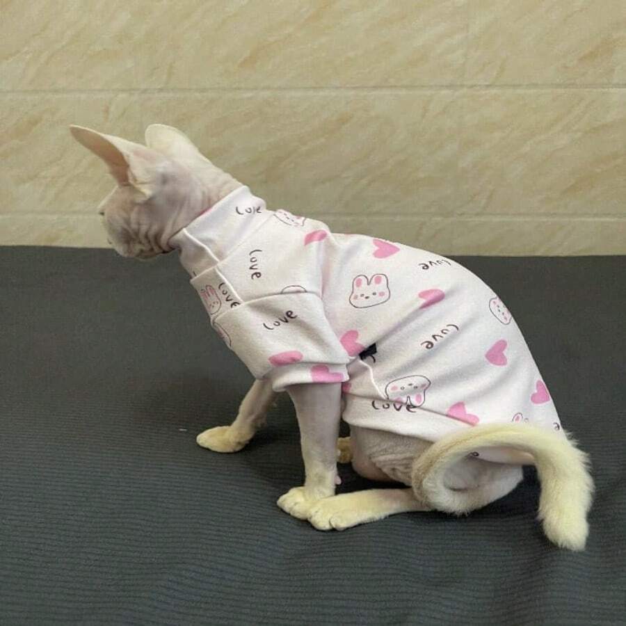 Sphynx Cat Clothes, Soft Fabric Heart Print - Baby Pink - View 1