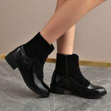 Women's Thick Sole Ankle Boots, British Style Skinny Boots With Side Zipper, Belt Buckle, Motorcycle Boots - Black - View 2