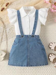 2pcs/Set Girls Denim Suspender Skirt Outfit, Summer New Casual Versatile Ruffled Collar White Shirt And Knee-Length Skirt Set - White - View 3