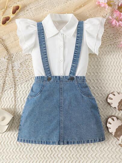2pcs/Set Girls Denim Suspender Skirt Outfit, Summer New Casual Versatile Ruffled Collar White Shirt And Knee-Length Skirt Set
