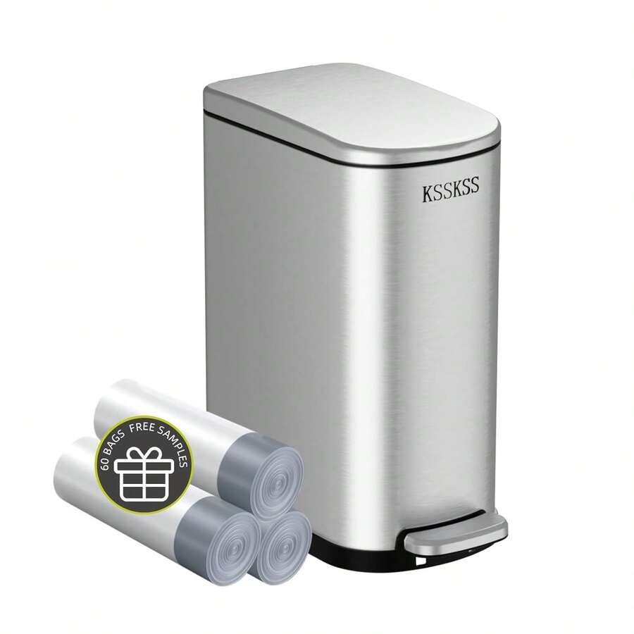 2.6 Gallon Slim Bathroom Trash Can With Soft Close Lid, 10L Stainless Steel Garbage Can With Removable Liner Bucket, For Narrow Spaces,Bathroom, Bedroom (Silver) - 銀色 - 查看 1