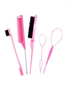 3pcs Smooth Hair Brush Set, Includes 1 Edge Brush, 1 Hair Brush, 1 Tail Comb, And 1 Fluffy Brush For Flyaways, Pink - Multicolor - View 8