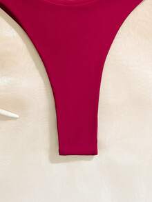 两件套女士吊带上衣和丁字裤性感纯色泳衣，露背细肩带，夏季海滩度假 - 酒紅色 - 查看 9