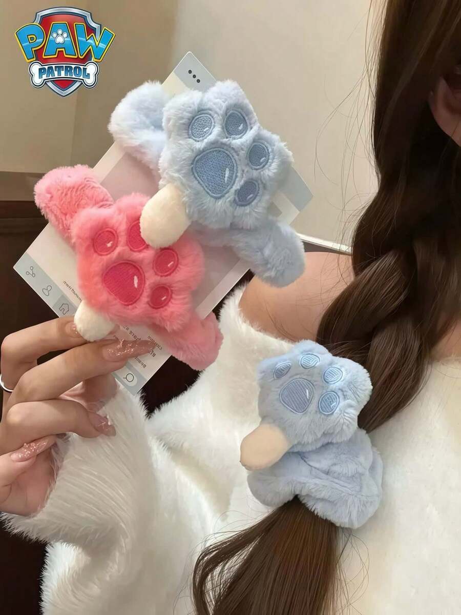 Paw Patrol 2-Piece Plush Large Intestine High Elasticity Hair Ring Set, Sweet And Versatile Hair Rope For Dog Patrol Team, Random Color And Style, Cute Girl Woof Team Theme Hair Accessory, Women's Exclusive Rubber Band, Headband, Summer Beach Wedding Accessories, Pink And Blue Dog Claw Pattern Hair Rope