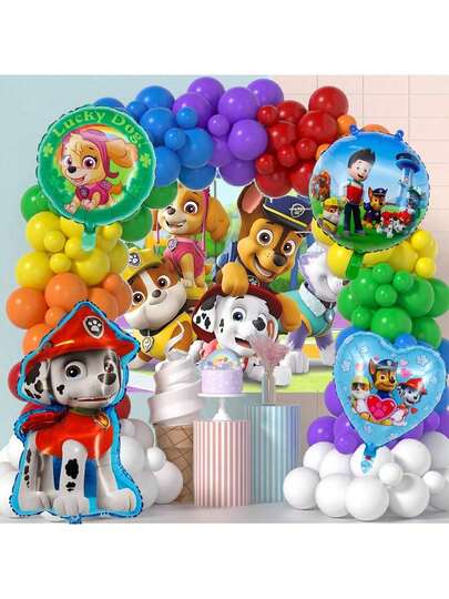 Paw Patrol Conjunto de arco de guirnalda de globos con tema de equipo de aventura de dibujos animados autorizados de , decoración de fiesta de cumpleaños, 5 pulgadas, 10 pulgadas globos de látex de colores, globo de lámina de aluminio grande y lindo de cachorro, incluye 1 pancarta de fondo de cumpleaños feliz con tema de perro , decoración de fiesta de cumpleaños, adecuado para decoración de mesa de pastel de ducha, suministros de fiesta, decoración de arco de globos, decoración de fiesta en casa