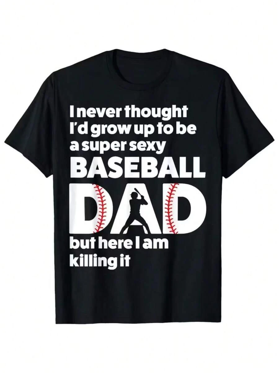 Camiseta de béisbol divertida para papá | Lema "Super Sexy Baseball Dad But Here I Am" y bate de béisbol y gráfico - Camiseta casual de manga corta con cuello redondo 100% para regalos del Día del Padre, ropa con temática de béisbol para papás que aman el deporte - Lavable a máquina y perfecta para - Negro - Ver 1