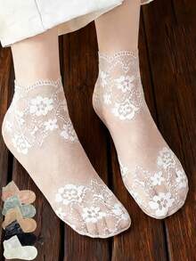 蕾丝袜 女士樱花镂空花卉透明袜 春夏薄款防滑低帮船袜 - 彩色 - 查看 2
