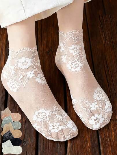 蕾丝袜 女士樱花镂空花卉透明袜 春夏薄款防滑低帮船袜