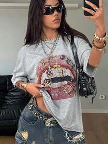 2026 Summer ShirtCoolane Women's Summer Concert Streetwear Vintage Casual Y2K Hippie Old Money Comfortable Lips Graphics Oversized White TeesLoose An - 淺灰色 - 查看 12
