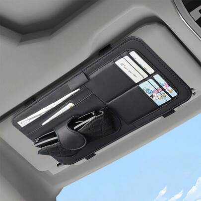 多功能汽车遮阳板收纳袋，带时尚眼镜夹，PU皮革材质，可收纳卡片、票据和文件，带眼镜夹，保持车内整洁有序，通用尺寸，适用于大多数车型。