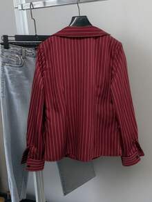 Elegant Women's Fine Striped Long Sleeve Shirt, Deep V-Neck Design, Decorated With Delicate Contrast Lace Details, Spring/Summer - Red - View 2