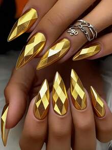 24pcs Almond Shaped Long False Nails, Gold Rhombus Electroplated Fashion Minimalist Wearable Nails, Full Coverage Removable Manicure Set, Suitable For Women Party, Ball, And Daily Wear - Gold - View 1