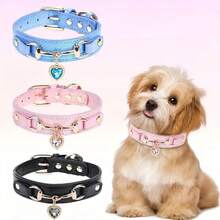 Leather Dog Collar With Heart-Shaped Crystal Pendant, Suitable For Small Dogs, Cats And Dogs. Cute Pet Collar With Shiny Crystal Pendant