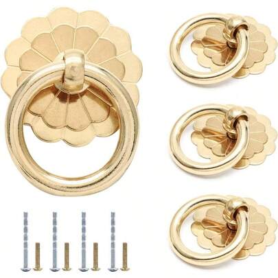 4 PIEZAS Tiradores de anillo de latón antiguo, tiradores de gabinete vintage dorados pequeños, tiradores decorativos con forma de flor para cajones, armarios y armarios