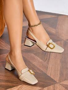 New French Chunky Heeled Closed Toe Sandals, Burgundy, Mid-Low Heel, Metal Square Toe, Elegant Women's High Heels - Apricot - View 2