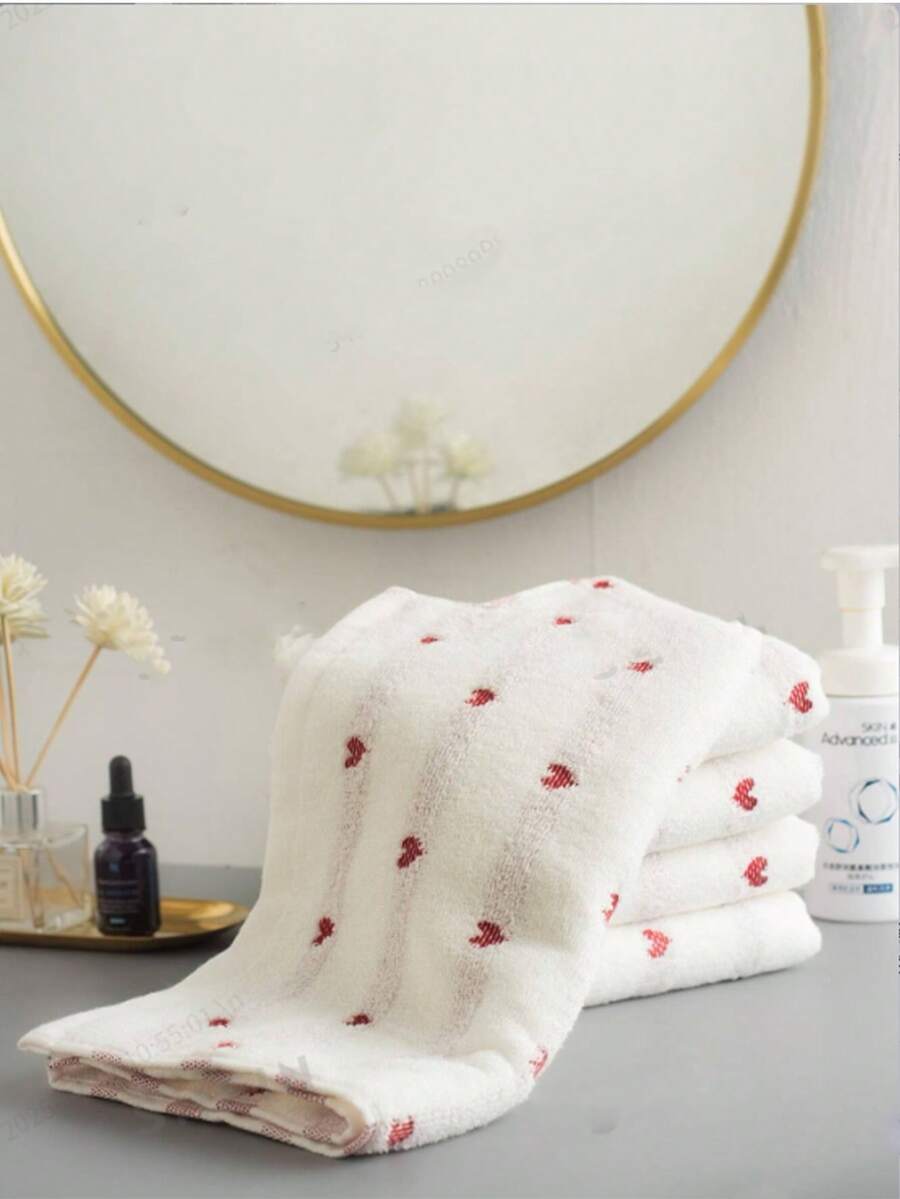 1pc Cotton Absorbent Heart-Shaped Thick Couple Towel - White - View 1