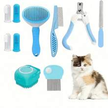 宠物美容套装，包含沐浴刷套装、毛巾和沐浴手套、除毛刷、宠物洗发水和护发素、宠物牙齿清洁工具 - 彩色 - 查看 9