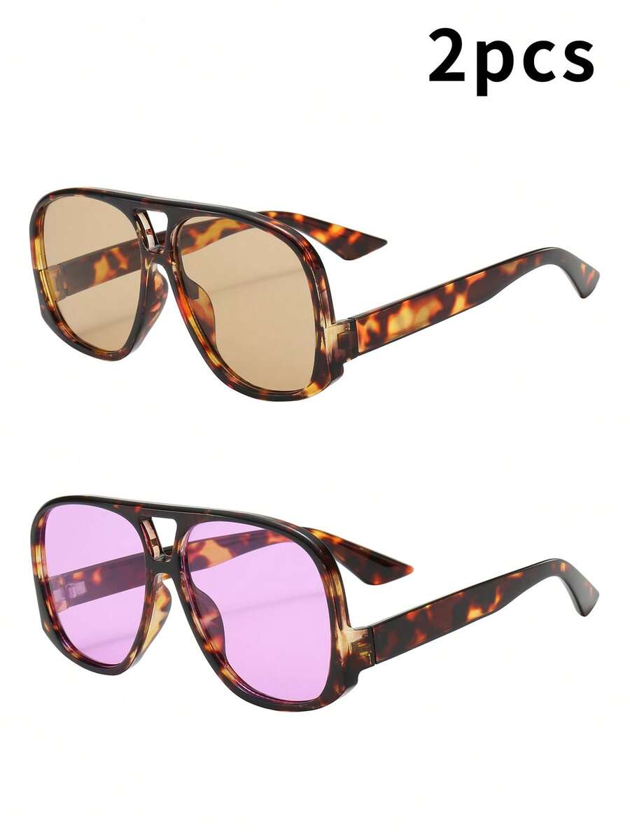 2pcs/Set Women's Round Large Frame High-Quality Personalized Minimalist Fashion Glasses, Suitable For Casual, Vacation, Travel, Party, And Daily Wear - 2pc Combo Pack - View 1