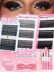 RITALASH 1598Pcs Large Capacity Mixed Styles Cluster Eyelash Set, D Curl Design, DIY Personal False Lashes Kit With Glue And Adhesive, Daily Use Party Use - Black - View 4