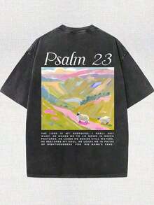 2026 New Arrival Summer Unisex "Psalm 23" Landscape Graphic T-Shirt,Double-Sided Bible Verse Print Oversized Top For Christian Faith & Casual Outfits - 黑色 - 查看 2