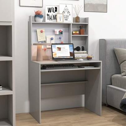  COSTWAY Computer Desk W/ Magnetic Bulletin Board, Home Office Desk W/ Hutch & Keyboard Tray, Modern Writing Table, PC Desk W/ Adjustable Shelf, Workstation For Bedroom, Study, Office, Grey