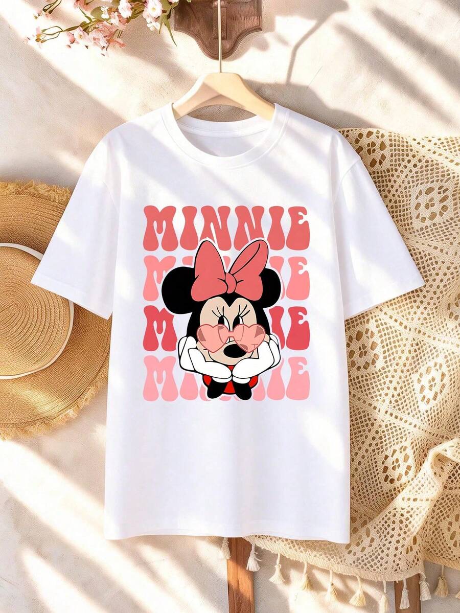 Disney Valentine's Day Minnie Mouse Print T-Shirt For Girls - Children's Clothing Design Short-Sleeve Casual Cute Style Comfortable And Relaxed Fit For Boys And Girls Perfect For Parties And Play Machine Washable Gift-Wrapped Children's Apparel Girls' Short-Sleeve Shirt - White - View 1
