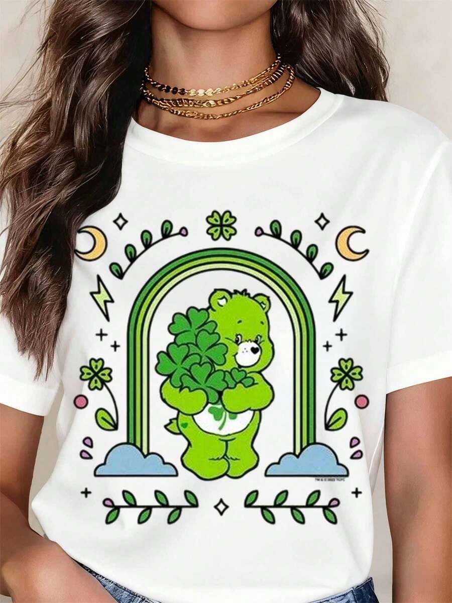 Women Green Festival Care Bear Holding Clover Rainbow Design Pure Cotton Casual Round Neck T Shirt Soft Comfortable For Spring Summer Wear - trắng - Xem 1