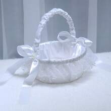 1pc White Petal Basket, Satin Bow Flower Basket, Suitable For Wedding, Easter - Multicolor - View 4