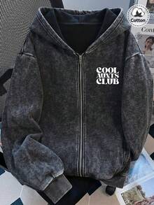 女士秋冬标语印花连帽衫，略带弹性，修身剪裁，做旧水洗效果，保暖内衬棉混纺黑色长袖拉链连帽衫，休闲日常外套