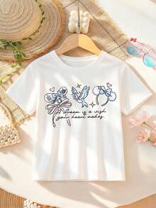 Disney  Alphabet Double-Sided Print Pattern Girls' T-Shirt - Children's Clothing Design Short-Sleeve Casual Cute Style Comfortable And Relaxed Suitable For Boys And Girls, Perfect For Parties And Play Machine Washable Gift Children's Clothing Girls' Short-Sleeve Shirt - 白色 - 查看 2