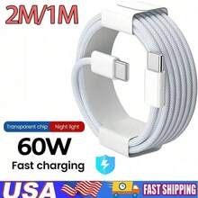60W USB C To Type C Fast Charging Cable 3.3ft/6.6ft/9.9ft,Nylon Braided Fast Charge Type C To C Data Cord Compatible With IPhone 17/17 Air/17 Pro/17 Pro Max/ IPad Pro/Air,Cell Phone Charger Cord Compatible With Samsung Galaxy S25 S24 S23 S22 S21 S20 - White-1m - View 1