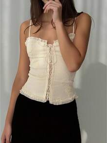 Women's Tie Front Tank Tops Summer Fashionable Solid Floral Jacquard Sleeveless Slim Fit Ruffle Camisole Women's Ivory Lace-Up Ruffled Embroidered Satin Corset Top - Elegant Fabric Stylish Feminine Versatile Night Out Occasion Wear(S-XL) - Màu be - Xem 1
