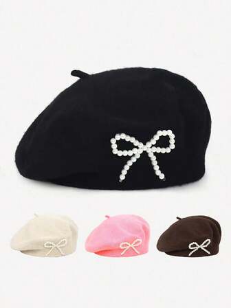 1pc Women's Valentine's Day Pearl Bow Beret Hat | Octagonal Fashion Hat | Soft Everyday Outdoor Hat, Suitable For Spring And Autumn (Multiple Colors Available)