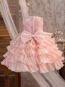 女童仿珍珠亮片花朵欧根纱优雅多层蛋糕公主裙，适合毕业典礼、舞会、生日派对、正式场合，不含头饰 - 淺粉色 - 查看 4