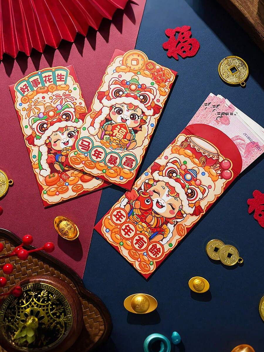 6Pcs/Set 2026 Horse Year Creative Cartoon Red Envelopes Chinese New Year Lucky Money Packets Festive Spring Festival Gifts For Party Celebrations - Đỏ - Xem 1